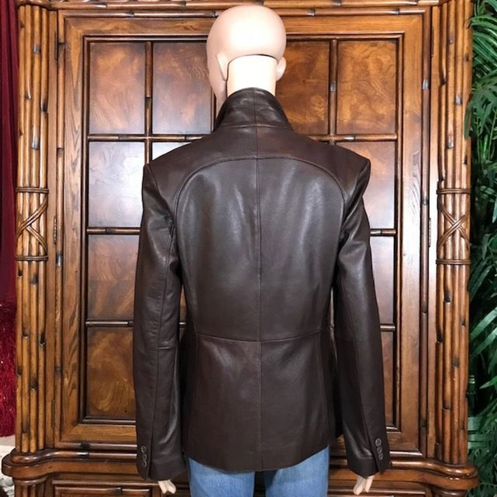 Anne Klein Genuine Lambskin Leather Couture Cocoa Wide Lapel Blazer - Picture 3 of 13